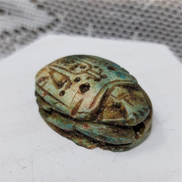 Vintage Clay Scarab Bead from Egypt Large Hieroglyphics - Picture 1 of 8